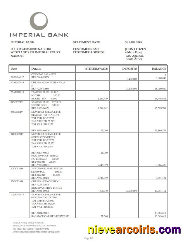 South Africa Imperial Bank statement easy to fill in Word and PDF format
